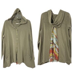 LOGO Lori Goldstein Jacket Hooded L Snap Front Brown CHIFFON Back Panel POCKETS